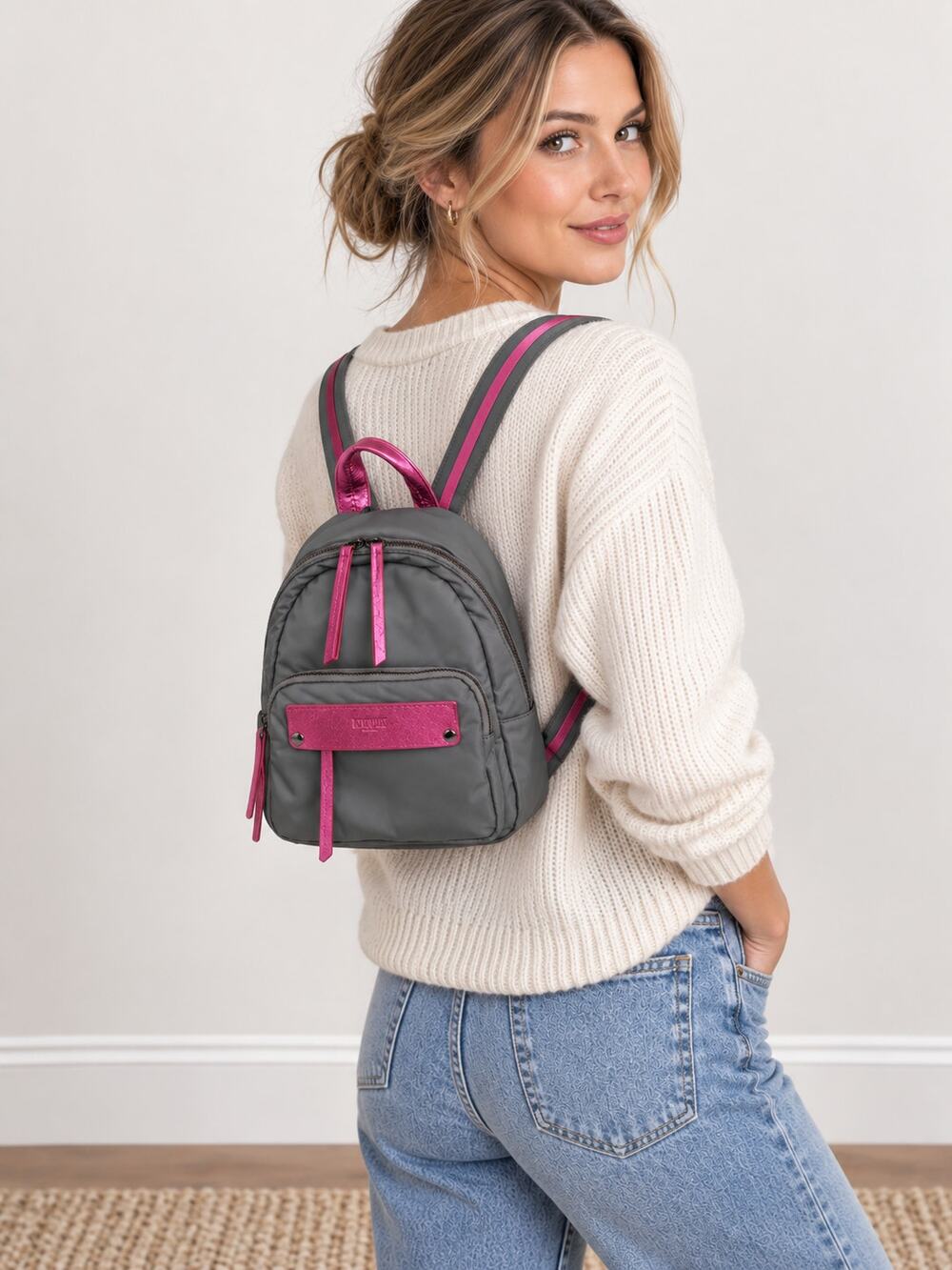 MZ Wallace Small Madison Backpack Durable Nylon Ash & Pink Metallic Inner Pouch